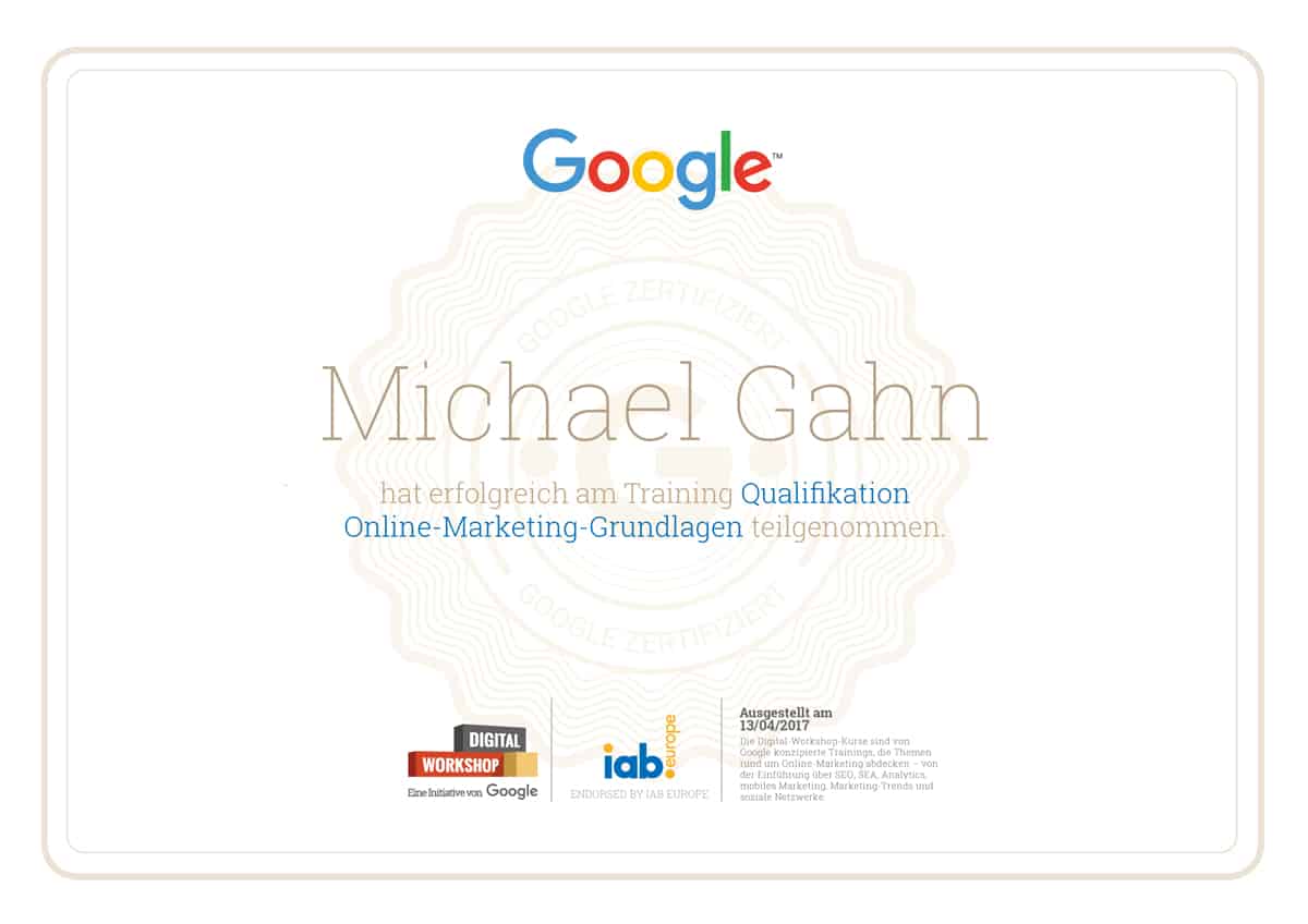 Michael Gahn | Google Marketing Zertifikat